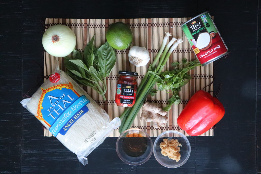 Ingredients for 20-Minute Thai Red Curry Soup With Shrimp illustrated in picture