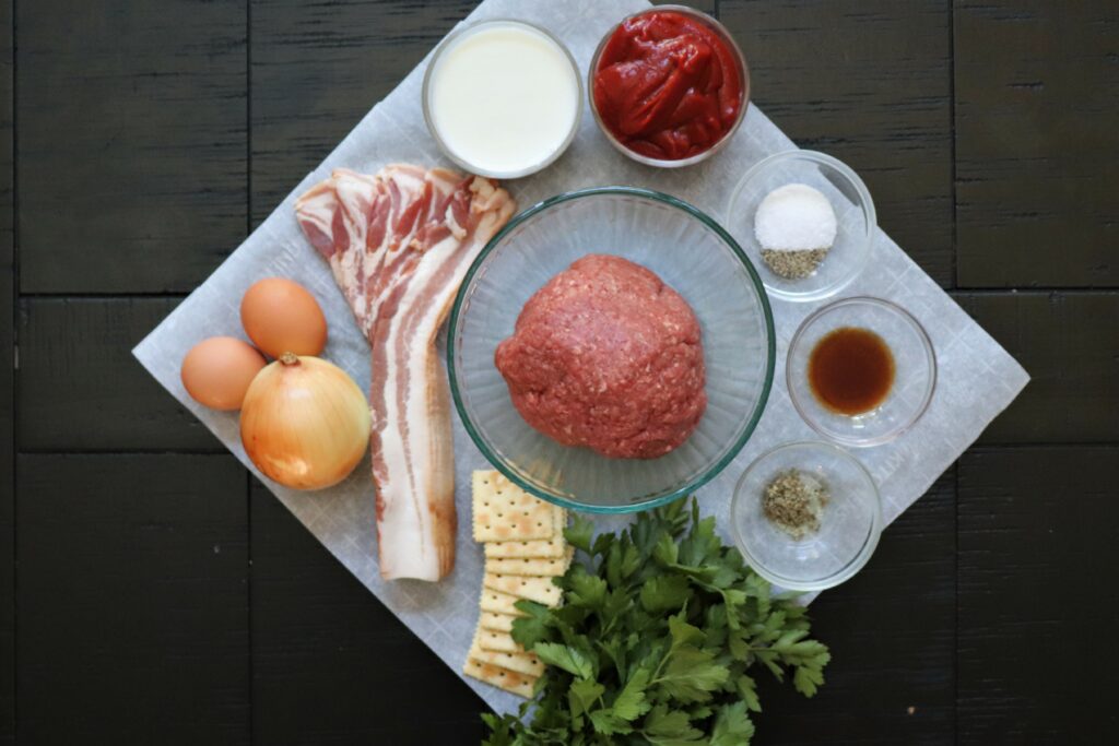Meatloaf Recipe, Old School Delicious Ingredients pictured separately, ready for use. 