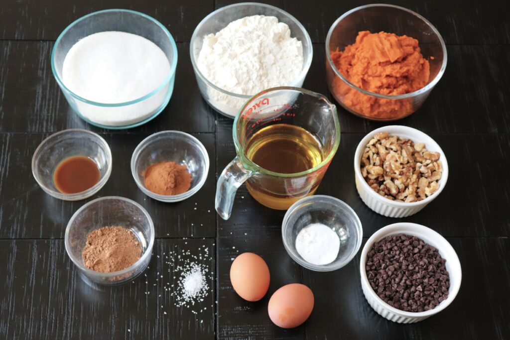 Ingredients for Pumpkin Chocolate Chip Cookies Pictured. 